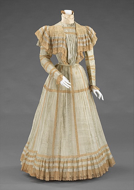 Pale silk afternoon dress by Jeanne Hallée, shown from the front at a three-quarter angle.