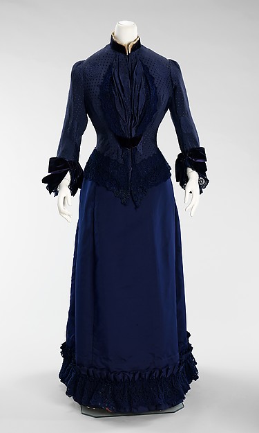 A richly structured Maison Pingat silk and cotton dress from about 1885.