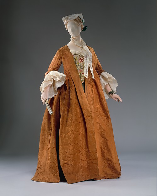 Eighteenth-century French silk dress with a fitted bodice and full skirt, from The Metropolitan Museum of Art collection.