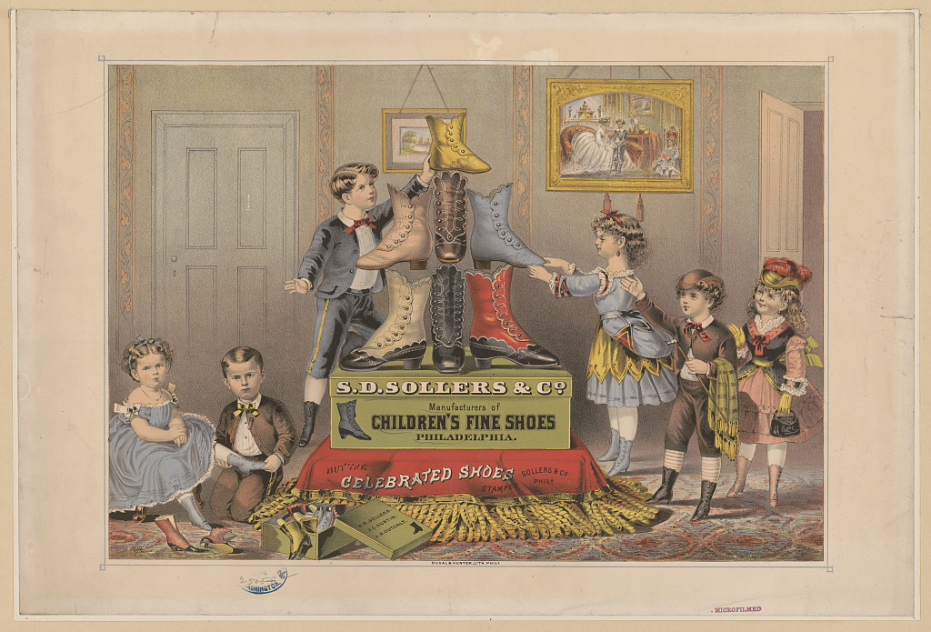An 1874 illustrated advertisement for S.D. Sollers and Company children's shoes, lithographed by Duval and Hunter.
