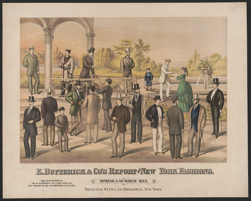 A color advertising lithograph presenting Butterick and Company New York fashions for spring and summer 1872.